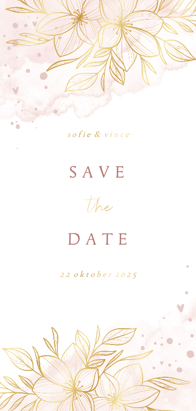 Trouwkaarten - Save the date romantisch gouden bloemen met roze waterverf