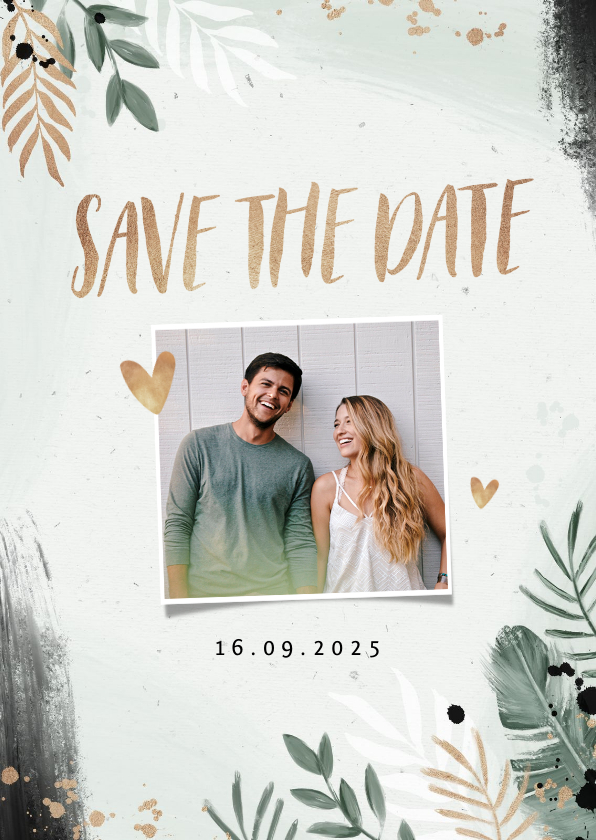 Trouwkaarten - Save the date trouwkaart botanisch goud waterverf