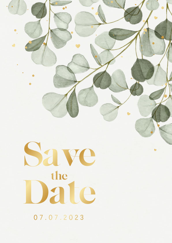 Trouwkaarten - Save the date trouwkaart eucalyptus goud hartjes spetters