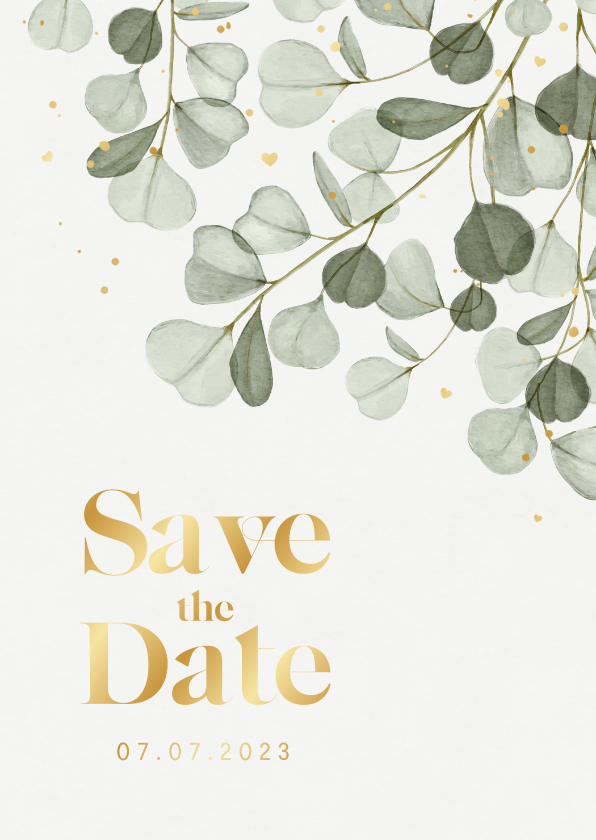 Save the date trouwkaart eucalyptus goud hartjes spetters - Trouwkaarten Trouwkaarten - Save the date trouwkaart eucalyptus goud hartjes spetters
