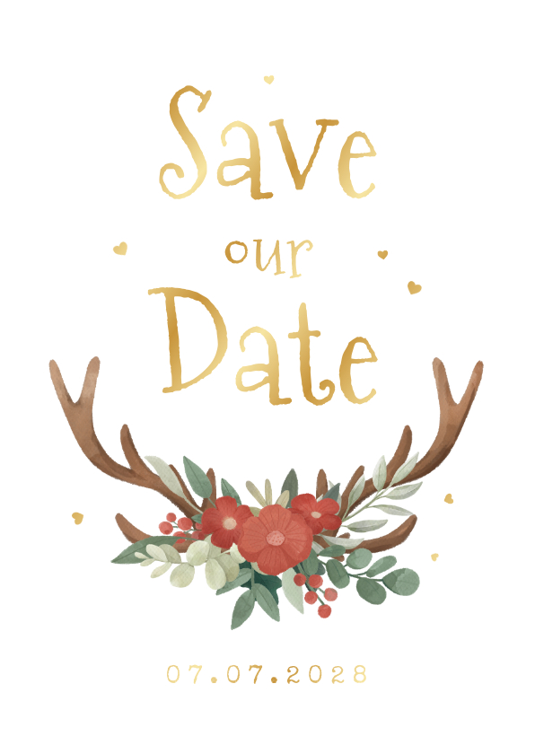 Save the date trouwkaart hertengewei bloemen hartjes goud - Trouwkaarten Trouwkaarten - Save the date trouwkaart hertengewei bloemen hartjes goud