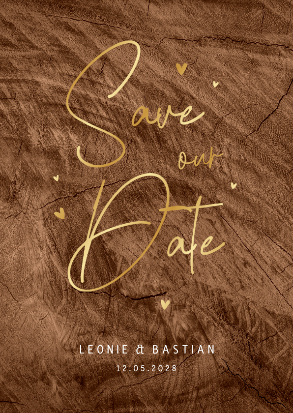 Save the date trouwkaart hout goud stijlvol hartjes - Trouwkaarten Trouwkaarten - Save the date trouwkaart hout goud stijlvol hartjes