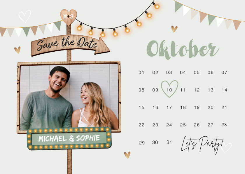 Trouwkaarten - Save the date trouwkaart kalender houtlookwegwijzers