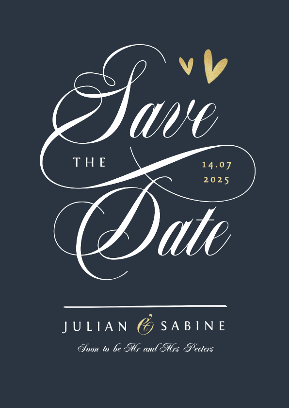 Trouwkaarten - Save the date trouwkaart klassiek stijlvol goud kalligrafie