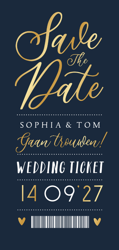 Trouwkaarten - Save the date trouwkaart ticket goud grafisch blauw