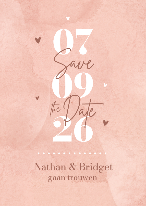 Trouwkaarten - Save the Date trouwkaart waterverf roze hartjes hip stijlvol