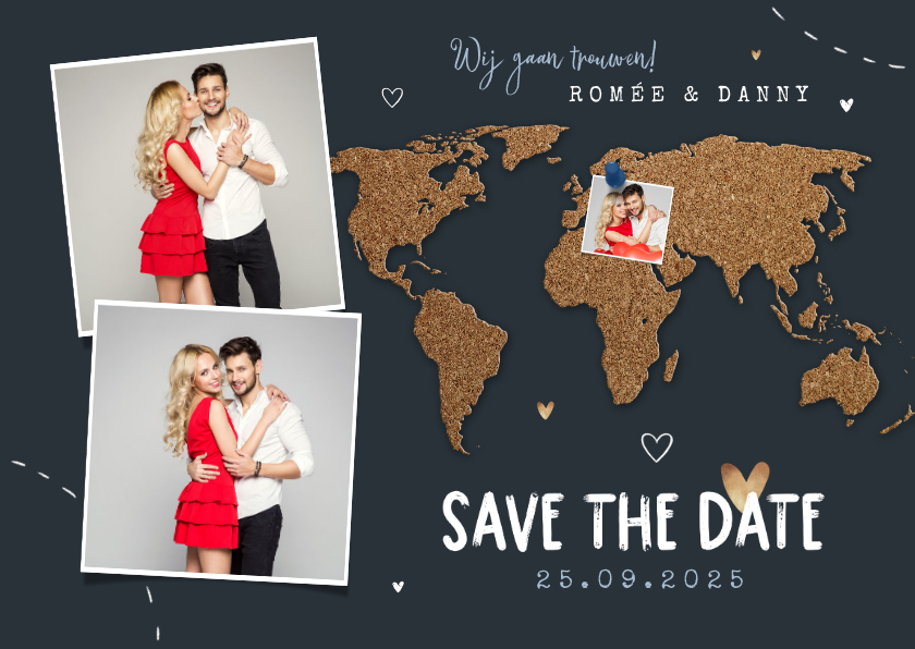 Trouwkaarten - Save the date trouwkaart wereld kurk punaise foto's