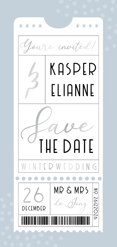 Trouwkaarten - Save the Date trouwkaart winter wedding ticket blauw