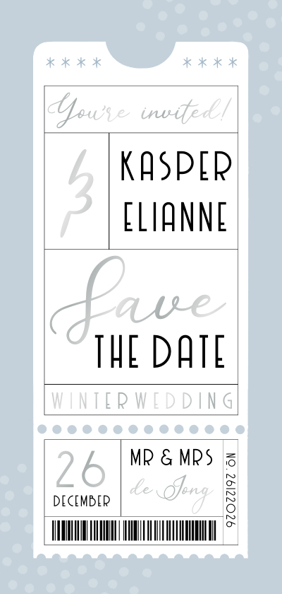 Save the Date trouwkaart winter wedding ticket blauw Save the Date trouwkaart winter wedding ticket blauw