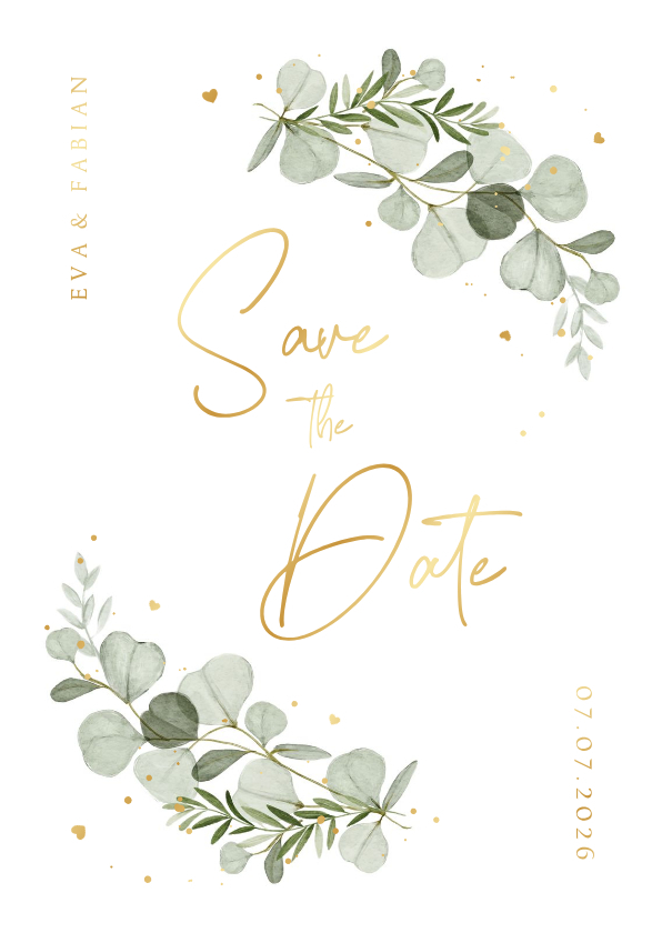 Save the date uitnodigingskaart eucalyptus goud hartjes - Trouwkaarten Trouwkaarten - Save the date uitnodigingskaart eucalyptus goud hartjes