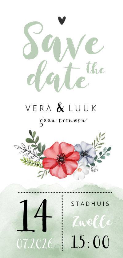 Trouwkaarten - Save the date waterverf bloemen stijlvol foto groen hartje