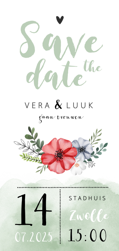 Trouwkaarten - Save the date waterverf bloemen stijlvol foto groen hartje