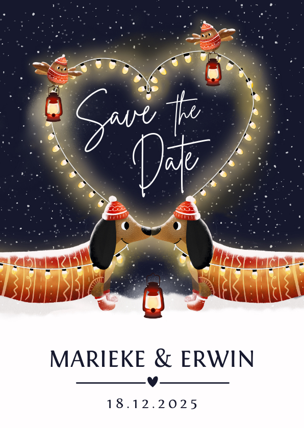 Trouwkaarten - Save the date winter bruiloft kaart met teckels