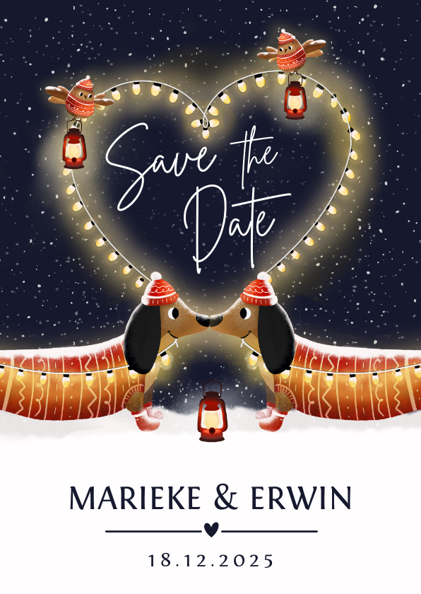 Save the date winter bruiloft kaart met teckels - Trouwkaarten Trouwkaarten - Save the date winter bruiloft kaart met teckels