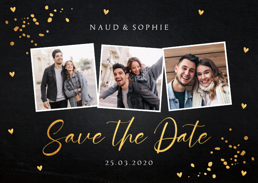 Save the Date zwart fotocollage goudlook confetti - Trouwkaarten Trouwkaarten - Save the Date zwart fotocollage goudlook confetti