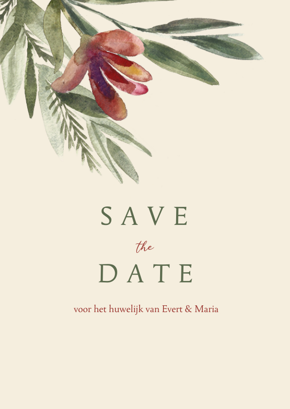 Save the datekaart met roze rode waterverf bloem en takjes - Trouwkaarten Trouwkaarten - Save the datekaart met roze rode waterverf bloem en takjes