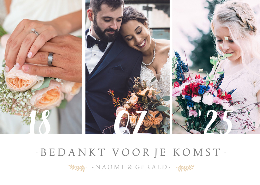 Stijlvol bedankkaartje voor jullie huwelijksdag met 3 foto's - Trouwkaarten Trouwkaarten - Stijlvol bedankkaartje voor jullie huwelijksdag met 3 foto's