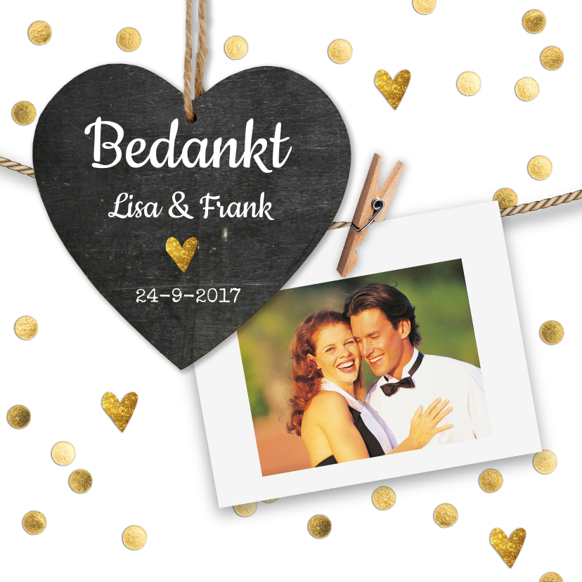 Trouwkaarten - Stijlvol wit bedankkaartje bruiloft met gouden hartjes