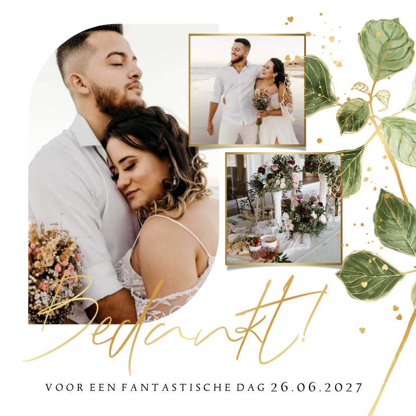 Stijlvolle bedankkaart fotocollage bladertak hartjes goud - Trouwkaarten Trouwkaarten - Stijlvolle bedankkaart fotocollage bladertak hartjes goud