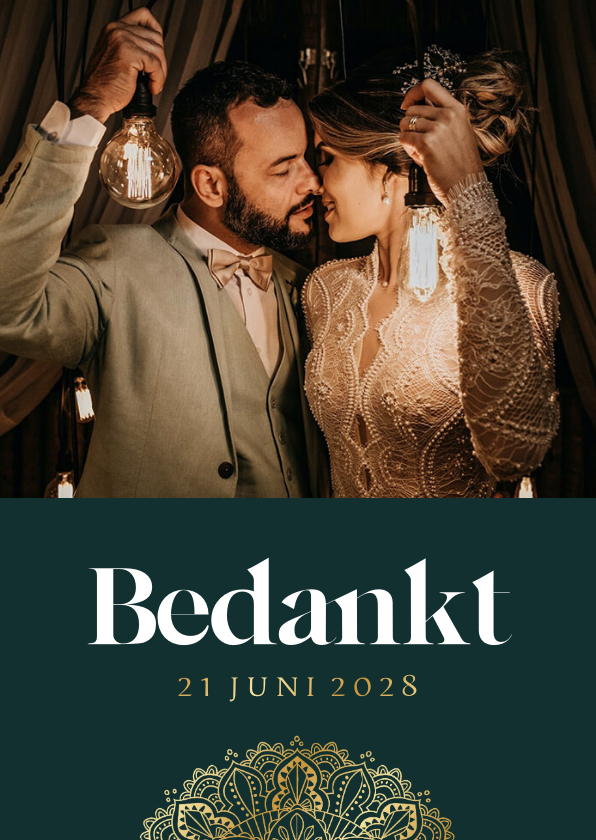 Stijlvolle bedankkaart illustratie mandala goud en foto - Trouwkaarten Trouwkaarten - Stijlvolle bedankkaart illustratie mandala goud en foto