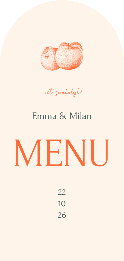 Trouwkaarten - Stijlvolle boogvorm menukaart met lijntekening van fruit