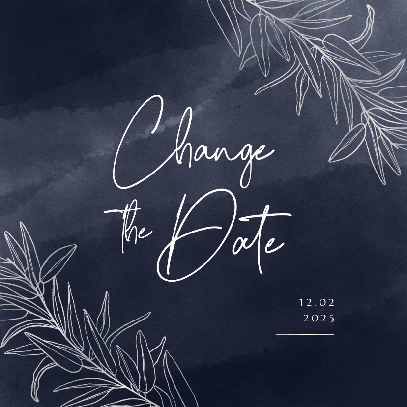 Stijlvolle change the date trouwkaart donkerblauw met takjes - Trouwkaarten Trouwkaarten - Stijlvolle change the date trouwkaart donkerblauw met takjes