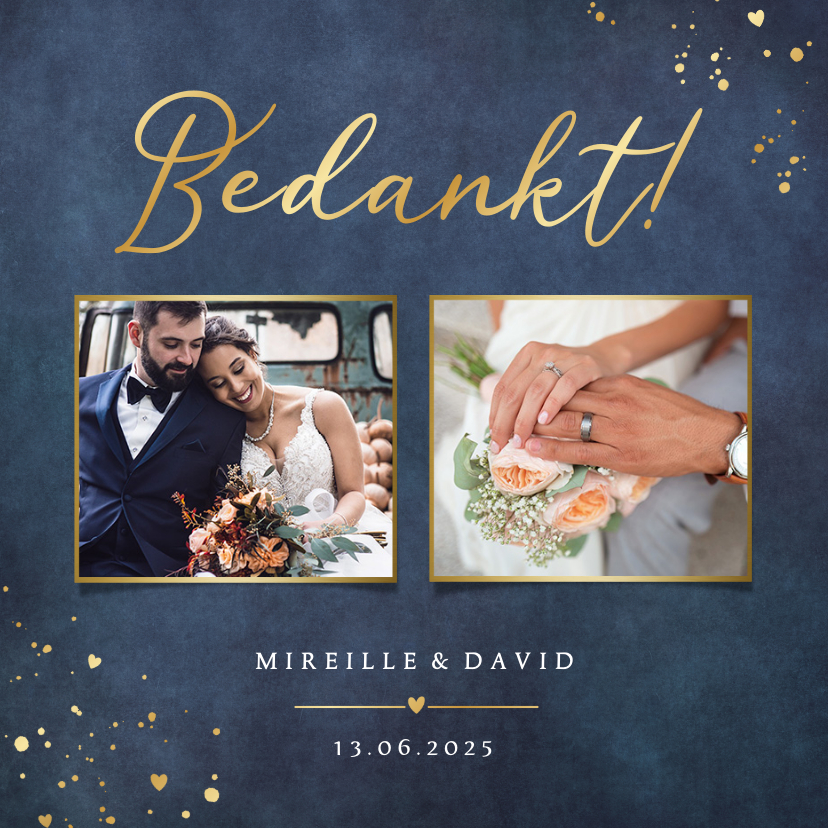 Stijlvolle donkerblauwe bedankkaart trouwdag met 2 foto's