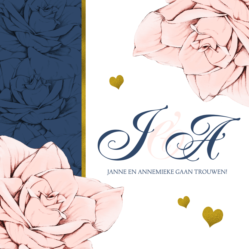 Stijlvolle en originele trouwkaart in navyblue en rozen - Trouwkaarten Trouwkaarten - Stijlvolle en originele trouwkaart in navyblue en rozen