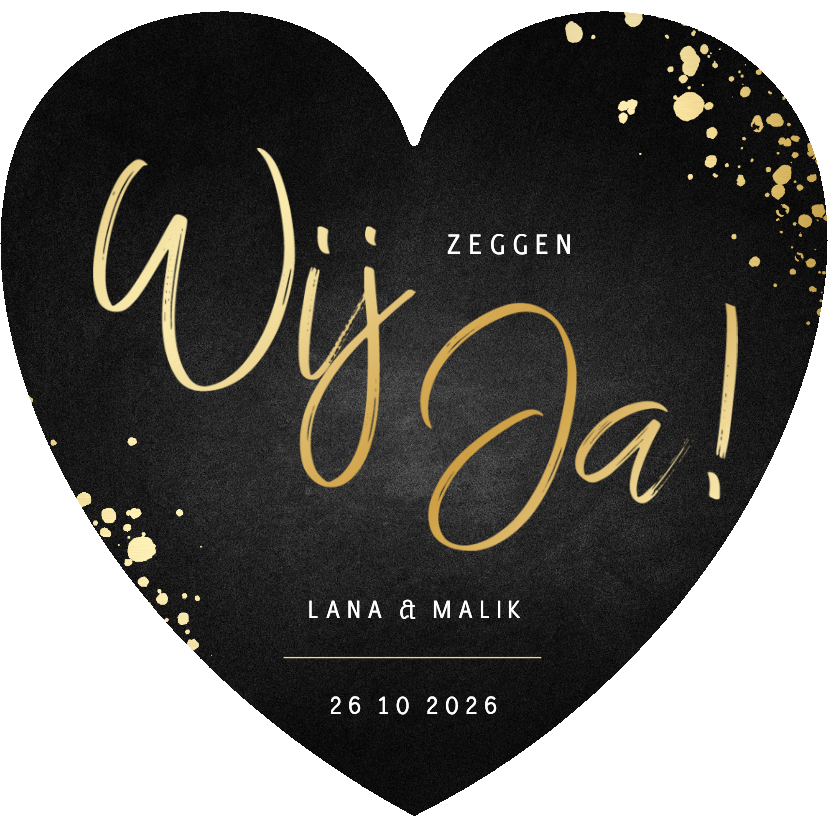 Trouwkaarten - Stijlvolle hartvorm trouwkaart goud met spetters krijtbord