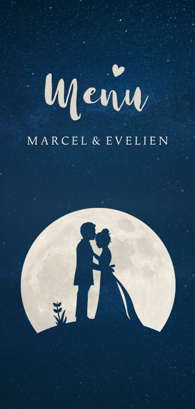 Trouwkaarten - Stijlvolle menukaart huwelijk trouwen met silhouet in maan