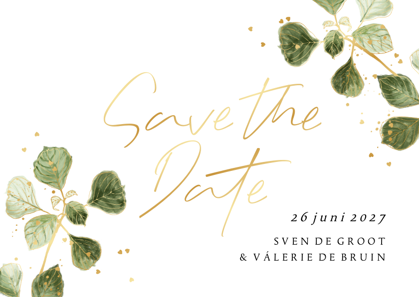 Stijlvolle save the date bladertak goud hartjesconfetti - Trouwkaarten Trouwkaarten - Stijlvolle save the date bladertak goud hartjesconfetti