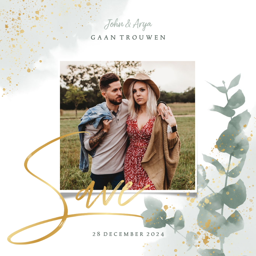 Stijlvolle save the date kaart planten & goud in waterverf - Trouwkaarten Trouwkaarten - Stijlvolle save the date kaart planten & goud in waterverf