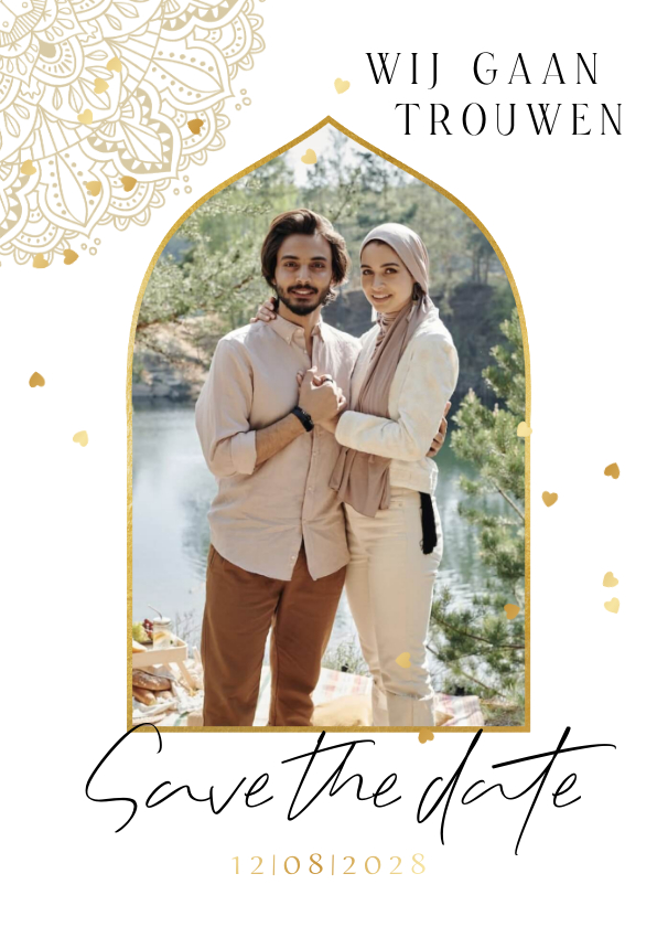 Stijlvolle save the date mandala hartjesconfetti goud foto - Trouwkaarten Trouwkaarten - Stijlvolle save the date mandala hartjesconfetti goud foto