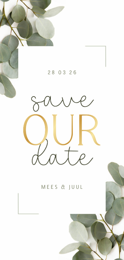 Trouwkaarten - Stijlvolle save the date met eucalyptusblaadjes en goud