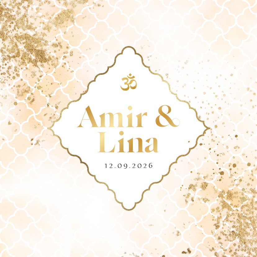 Trouwkaarten - Stijlvolle trouwkaart islamitisch watercolour ohm teken goud