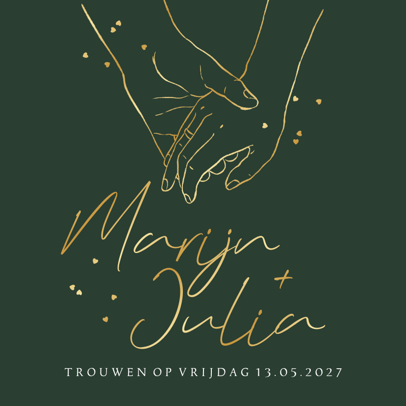 Stijlvolle trouwkaart lijnillustratie handen hartjes goud - Trouwkaarten Trouwkaarten - Stijlvolle trouwkaart lijnillustratie handen hartjes goud