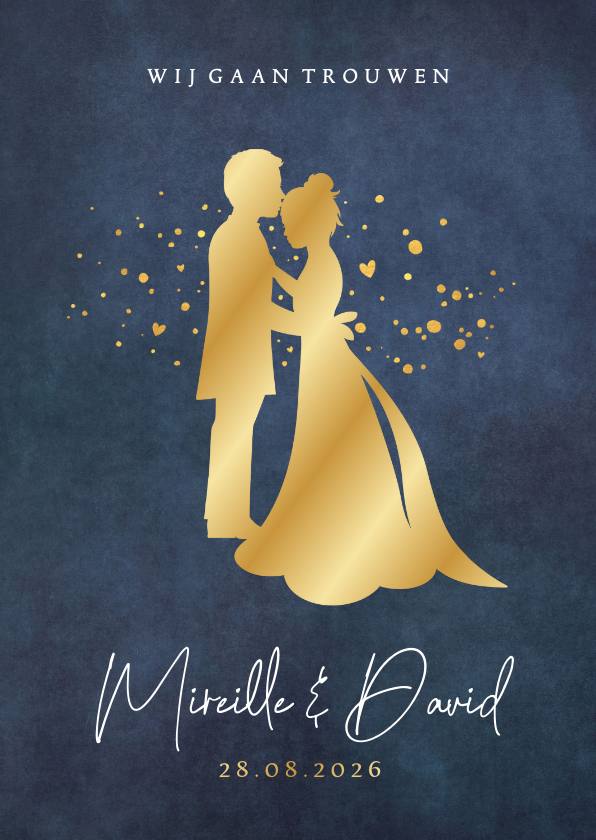 Trouwkaarten - Stijlvolle trouwkaart met gouden bruidspaar silhouet 