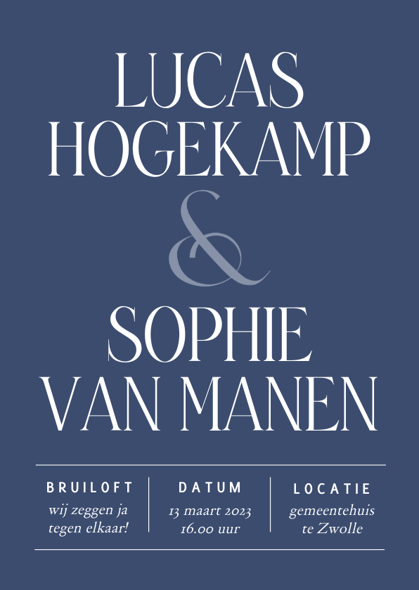 Trouwkaarten - Stijlvolle trouwkaart met grote namen donkerblauw