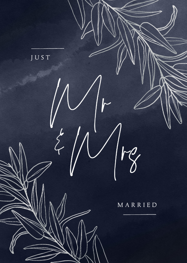 Stijlvolle trouwkaart mr en mrs just married zilver takjes - Trouwkaarten Trouwkaarten - Stijlvolle trouwkaart mr en mrs just married zilver takjes