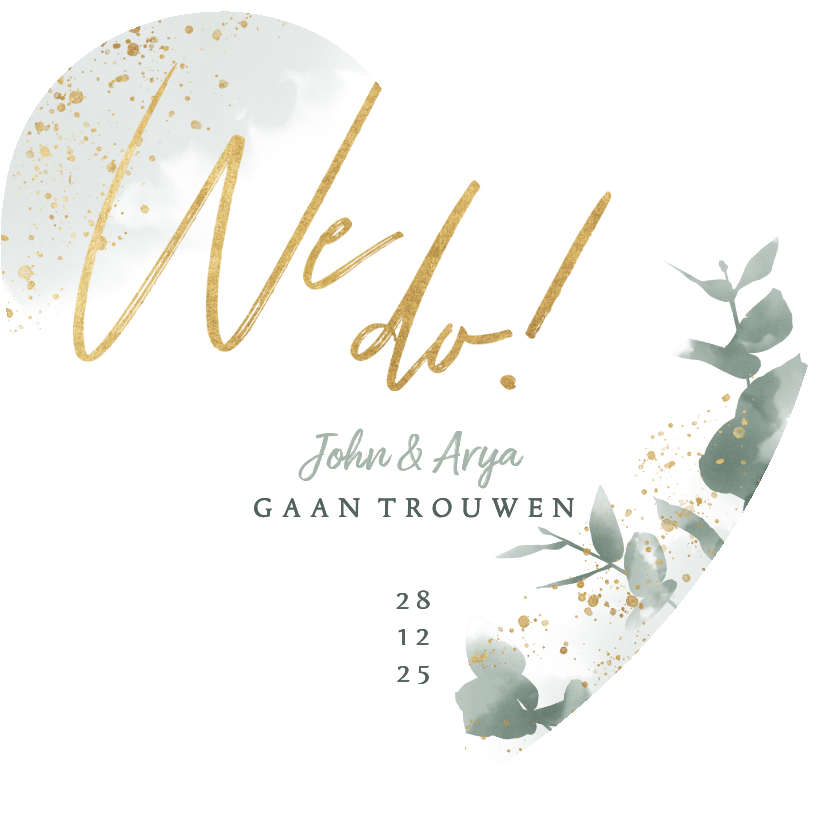 Stijlvolle trouwkaart waterverf eucalyptus & gouden spetters - Trouwkaarten Trouwkaarten - Stijlvolle trouwkaart waterverf eucalyptus & gouden spetters