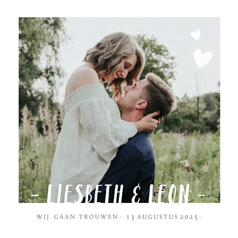 Stijlvolle trouwkaart wit met grote eigen foto en namen