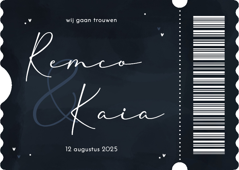 Stijlvolle trouwuitnodiging ticket donkerblauw hartjes - Trouwkaarten Trouwkaarten - Stijlvolle trouwuitnodiging ticket donkerblauw hartjes