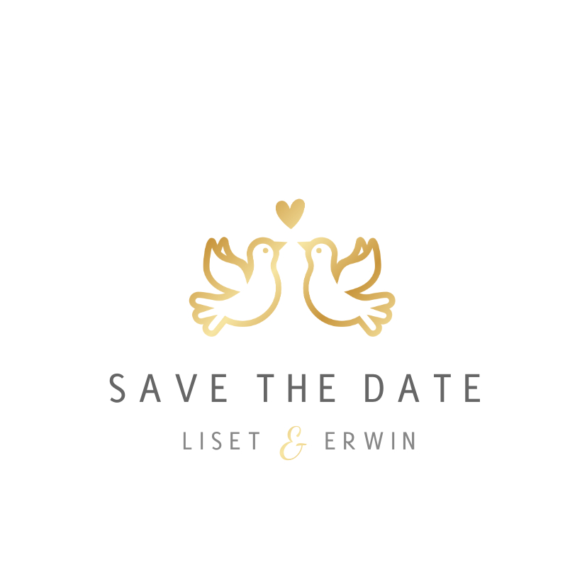 Stijlvolle witte Save the Date kaart met gouden duifjes - Trouwkaarten Trouwkaarten - Stijlvolle witte Save the Date kaart met gouden duifjes