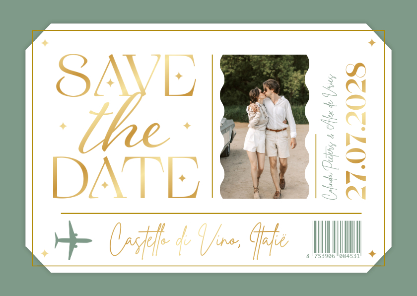 Ticket save the date kaart vliegtuig buitenland goud - Trouwkaarten Trouwkaarten - Ticket save the date kaart vliegtuig buitenland goud