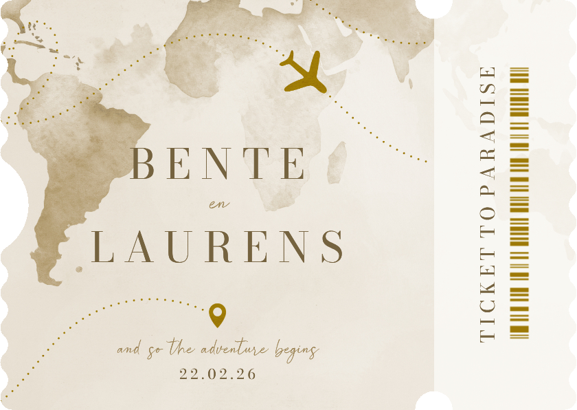 Ticket trouwkaart waterverf wereld goudfolie vliegtuig - Trouwkaarten Trouwkaarten - Ticket trouwkaart waterverf wereld goudfolie vliegtuig