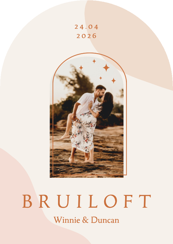 Trouwkaarten - Trendy boog vorm trouwkaart in roze aardetinten met foto