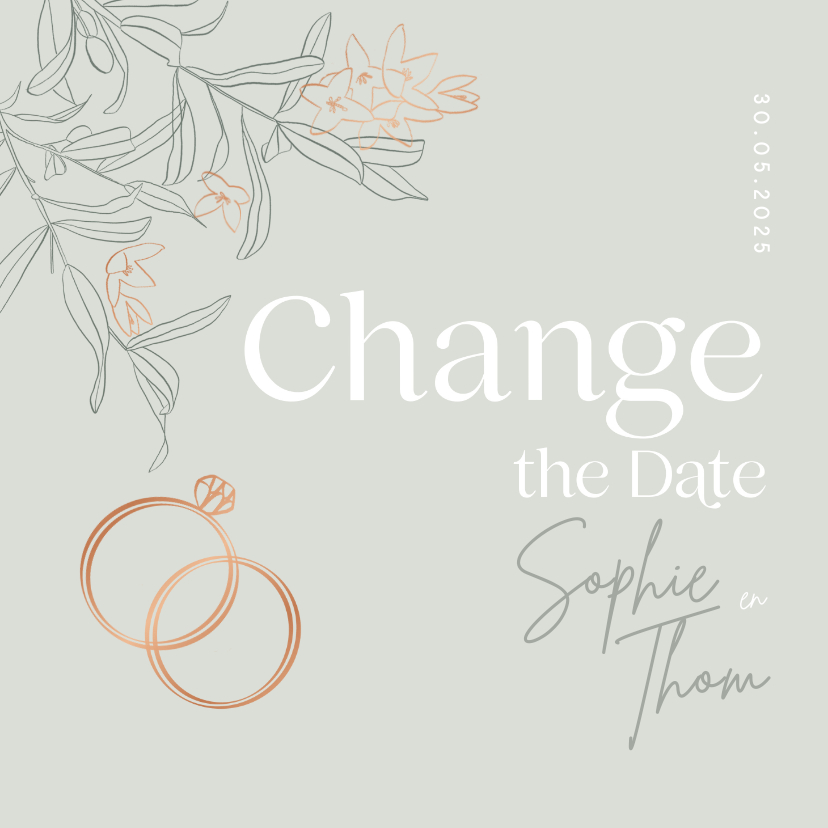 Trendy Change the Date trouwkaart groen olijftakjes ringen Trendy Change the Date trouwkaart groen olijftakjes ringen