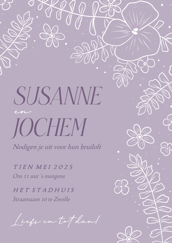 Trouwkaarten - Trendy lila trouwkaart met bloemenkader in witte lijnen