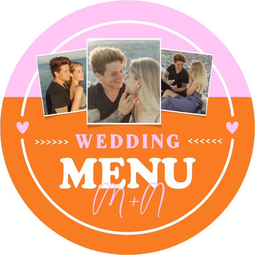 Trendy ronde colorblocking menukaart trouwen met 3 foto's - Trouwkaarten Trouwkaarten - Trendy ronde colorblocking menukaart trouwen met 3 foto's
