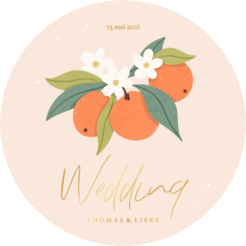 Trendy ronde trouwkaart oranje met sinaasappels goudfolie - Trouwkaarten Trouwkaarten - Trendy ronde trouwkaart oranje met sinaasappels goudfolie